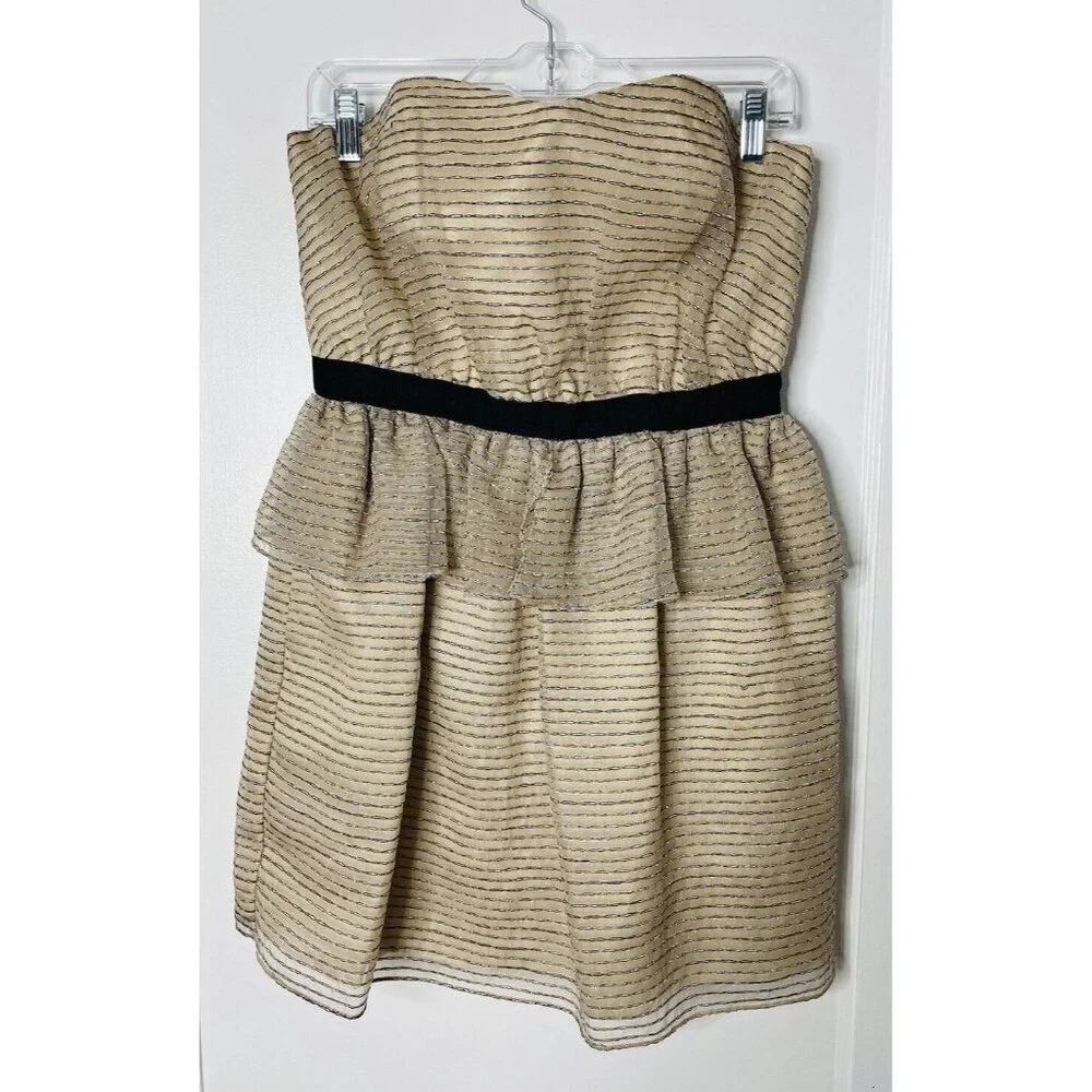 BCBGeneration Dress 8 Ribbed Gauze Chiffon Tiered Strapless Texture Peplum Party